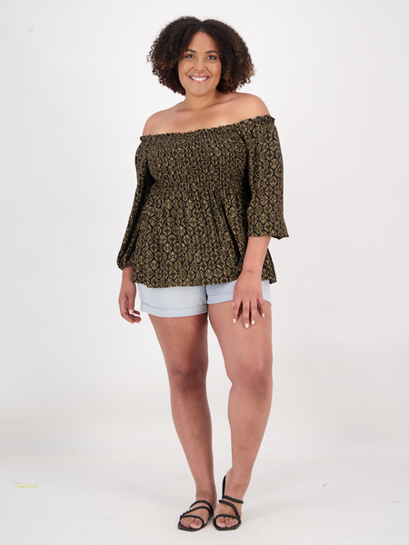 Womens Plus Size Shirred Off Shoulder Blouse