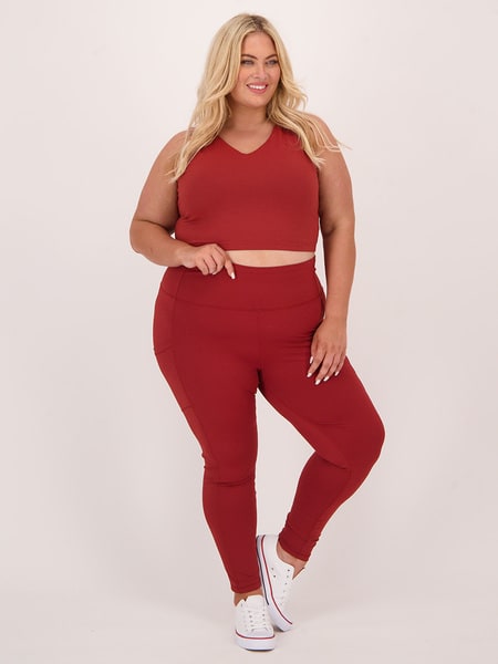 Dark red Womens Plus Size Full Length Panel Pocket Legging