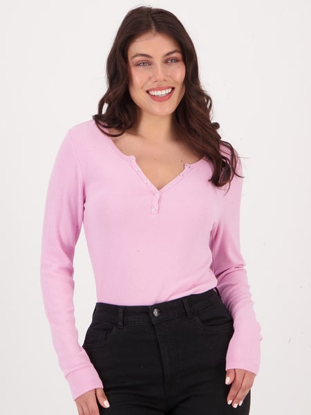 WOMAN WITHIN WOMENS V NECK EMBROIDERED THERMAL HENLEY TEE IN PINK