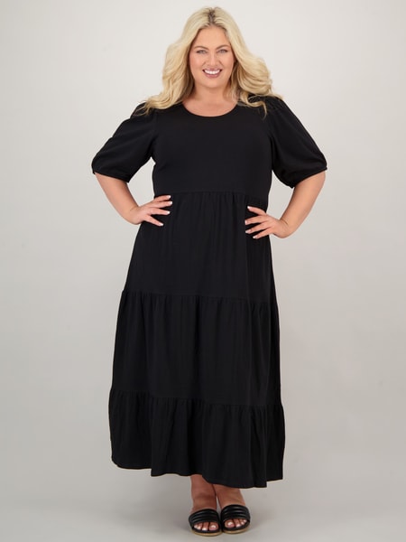 Black Womens Plus Size Puff Sleeve Tiered Dress | Best&Less™ Online