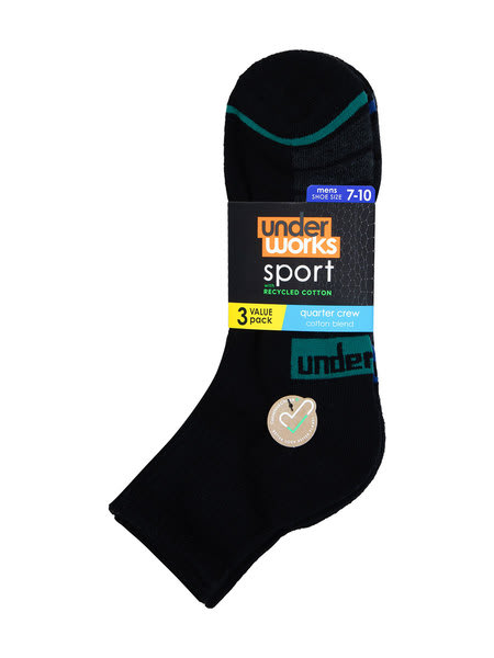 Mens Underworks 3Pk Qtr Crew Sports Sock
