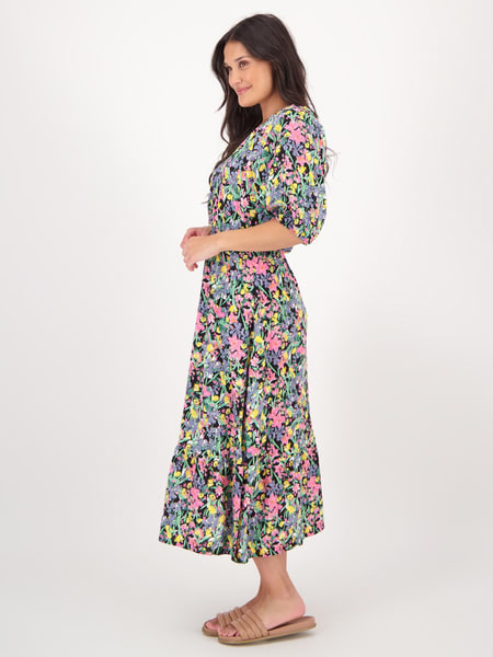 Womens Puff Sleeve Printed Midi Dress