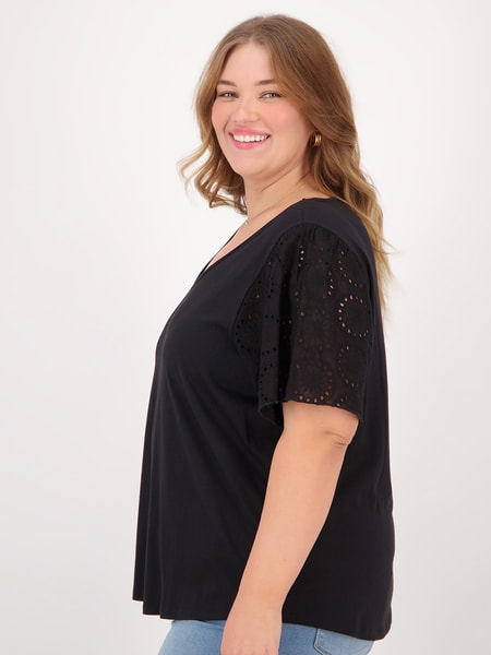 Womens Plus Size Broderie Sleeve Top