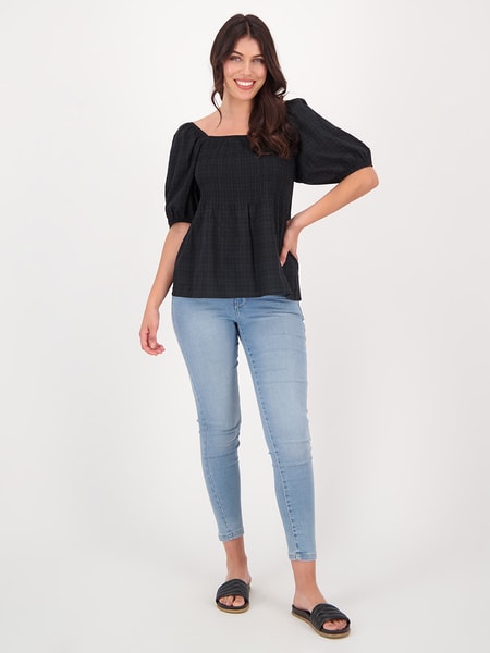 Womens Shirred Bust Puff Sleeve Top