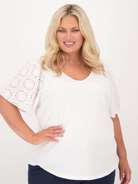 Womens Plus Size Broderie Sleeve Top
