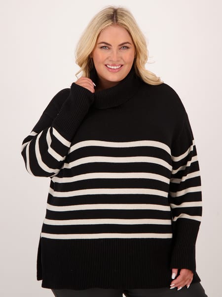 Womens Plus Size Roll Neck Stripe Knitted Jumper