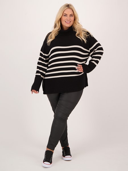 Womens Plus Size Roll Neck Stripe Knitted Jumper